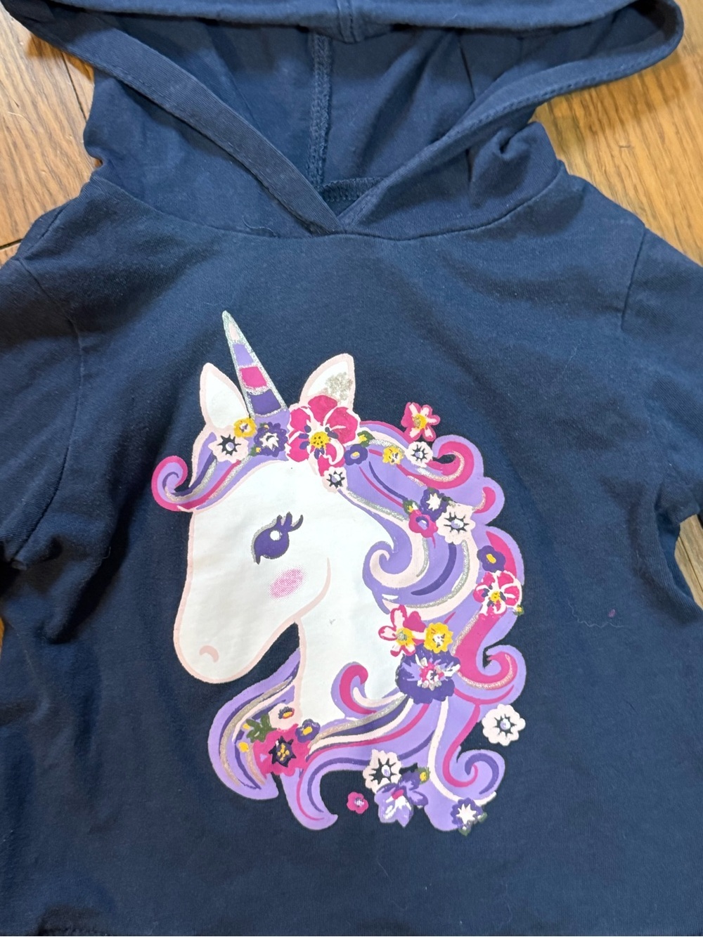 Garanimals Navy Hooded Top with Unicorn and Floral Hem - Picture 2 of 8